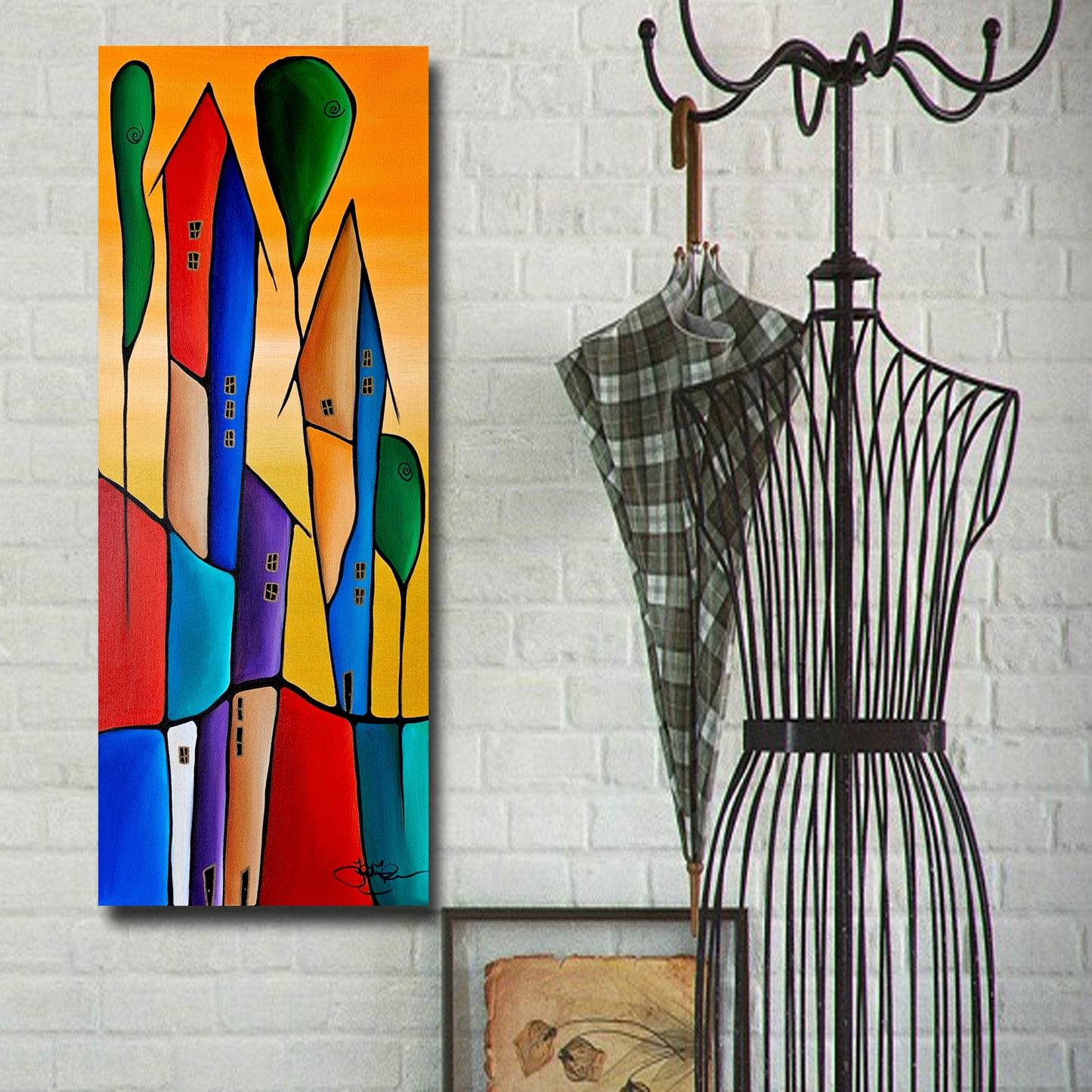 Abstract art original colorful houses painting - Townies