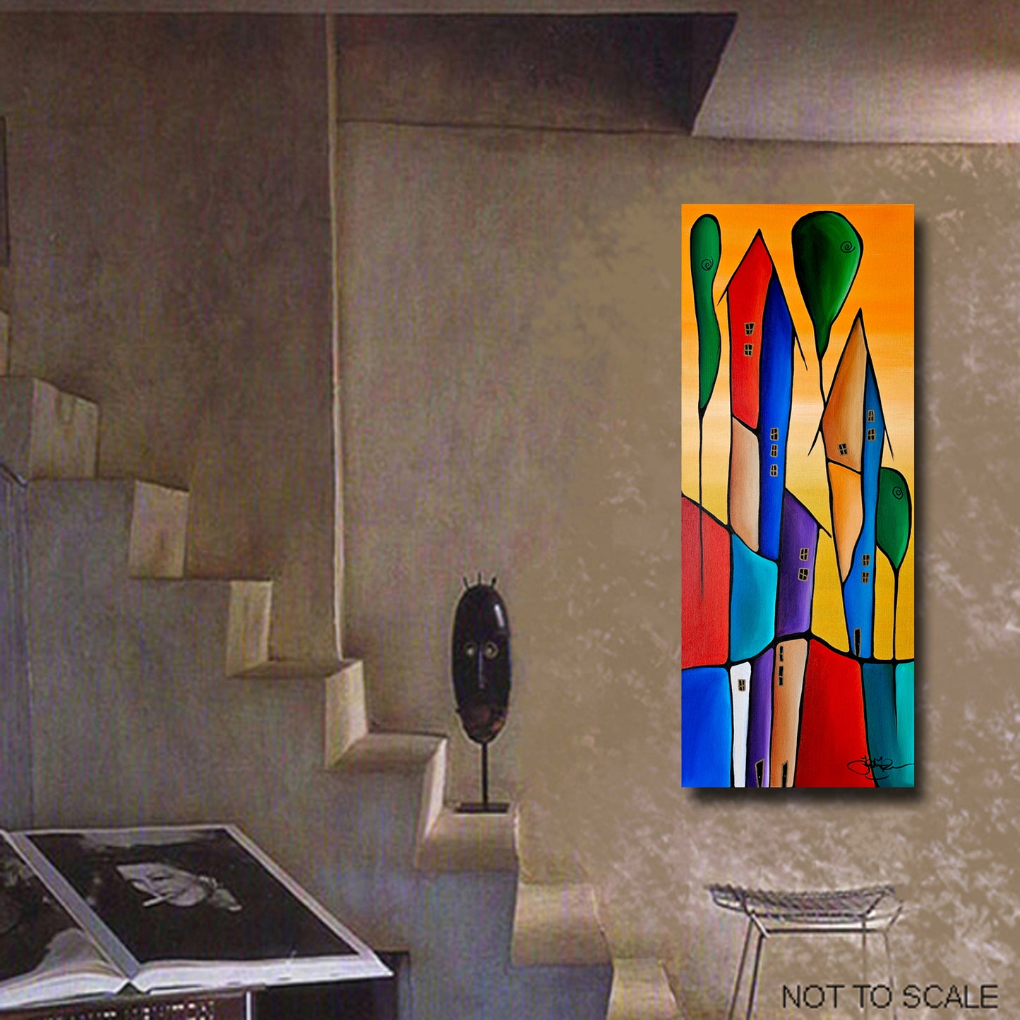 Abstract art original colorful houses painting - Townies