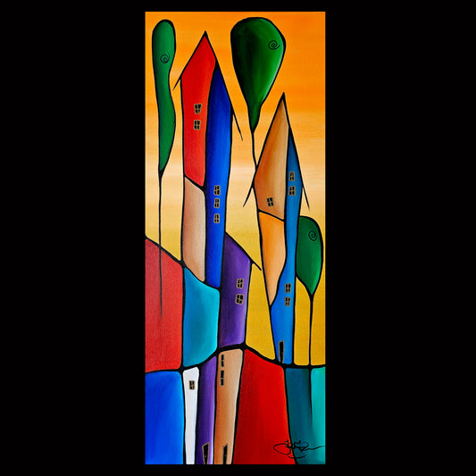 Abstract art original colorful houses painting - Townies