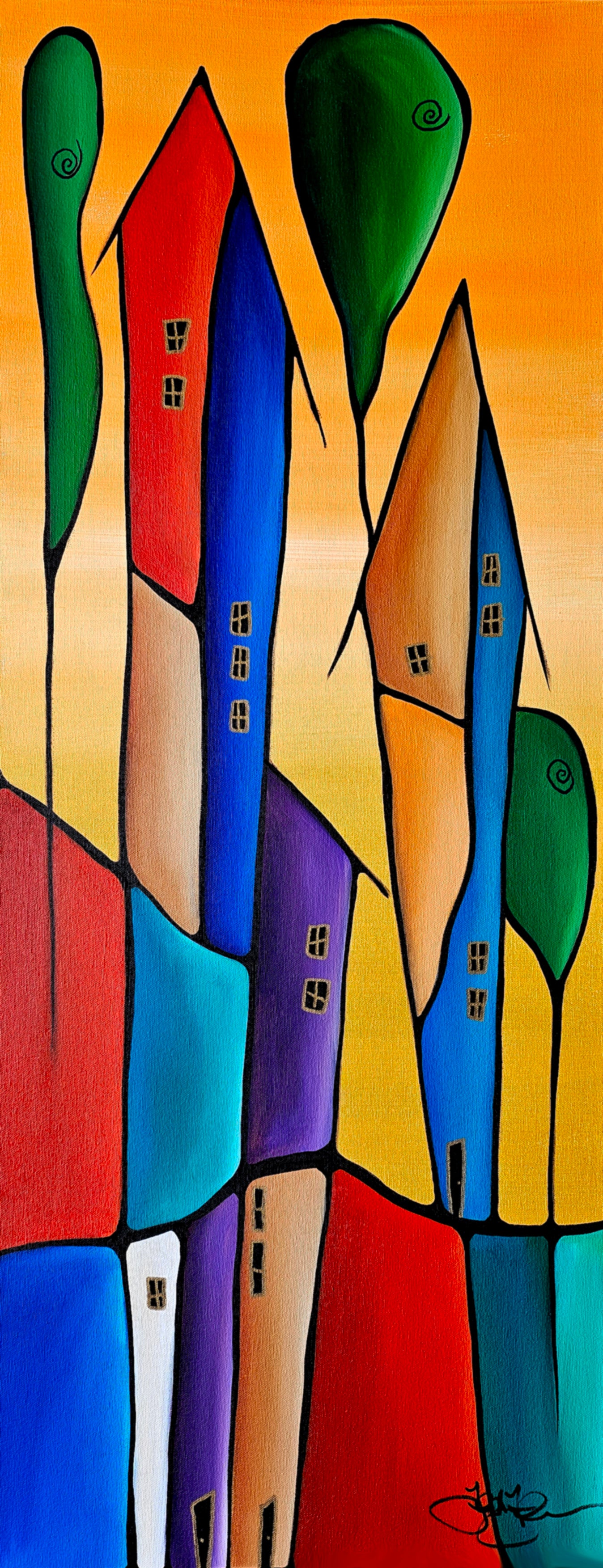 Abstract art original colorful houses painting - Townies