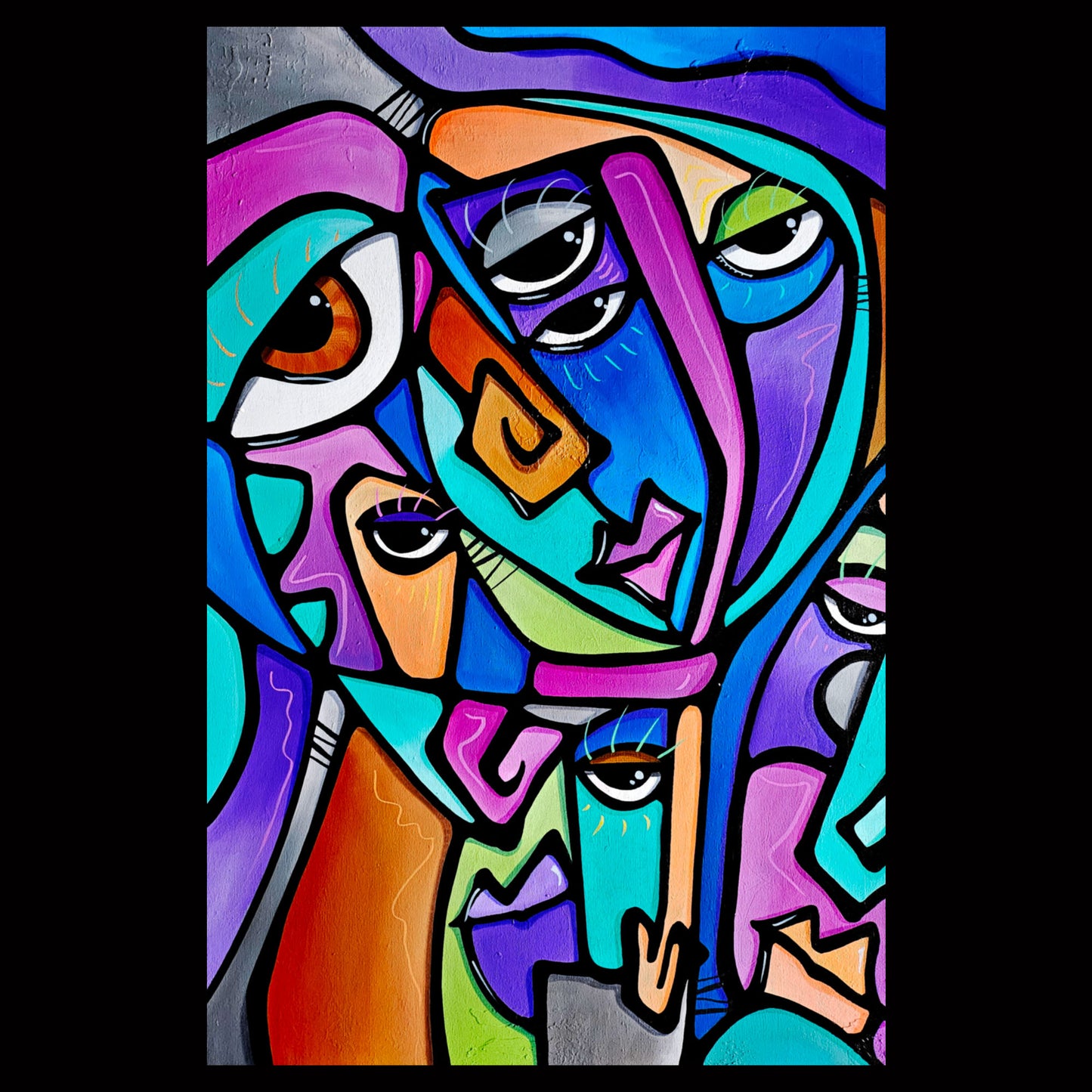 Abstract art original colorful cubist collage painting - Happy Dance