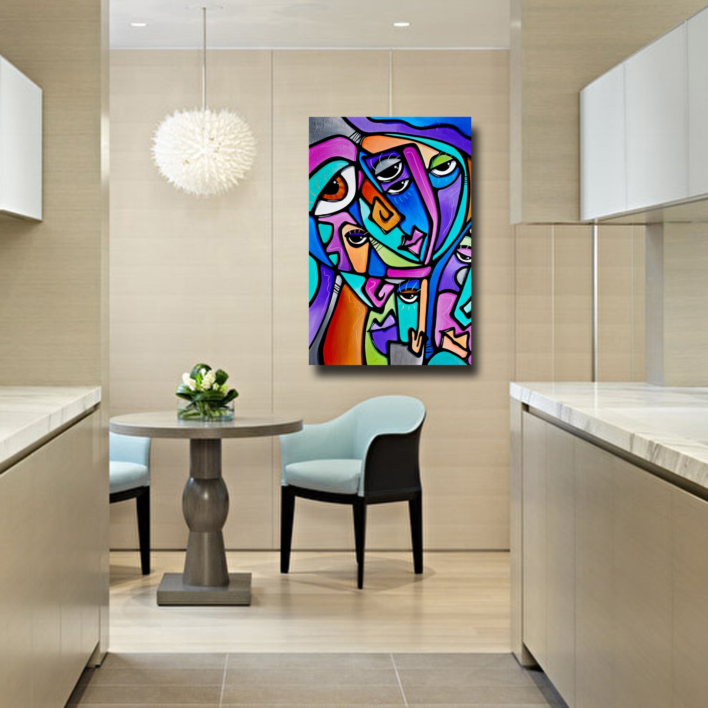 Abstract art original colorful cubist collage painting - Happy Dance