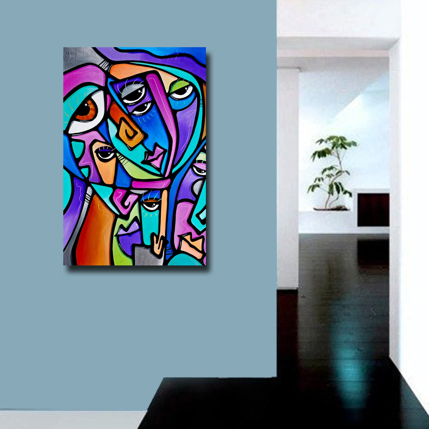 Abstract art original colorful cubist collage painting - Happy Dance