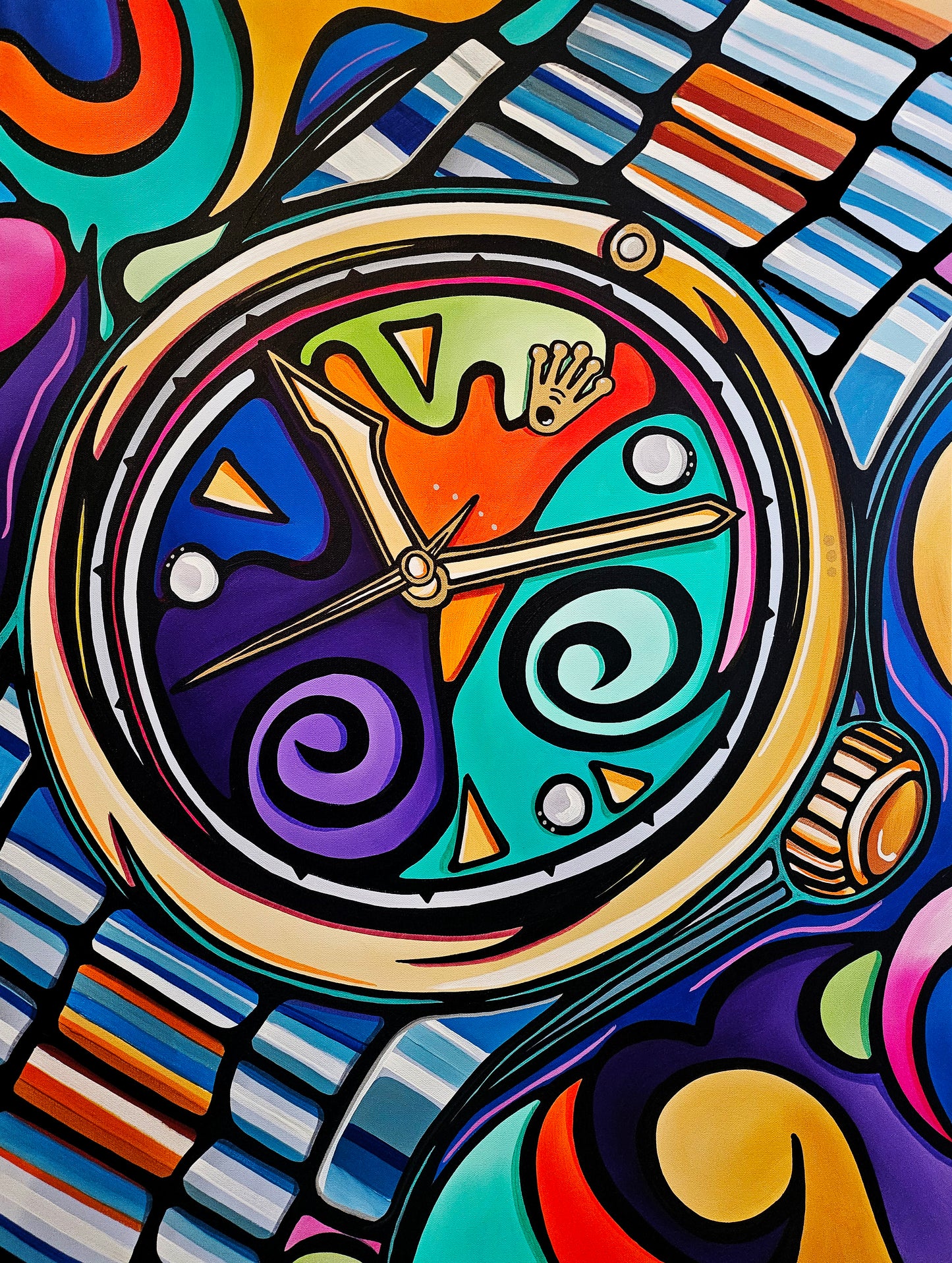 Abstract art original colorful cubist collage watch painting - Swiss Made