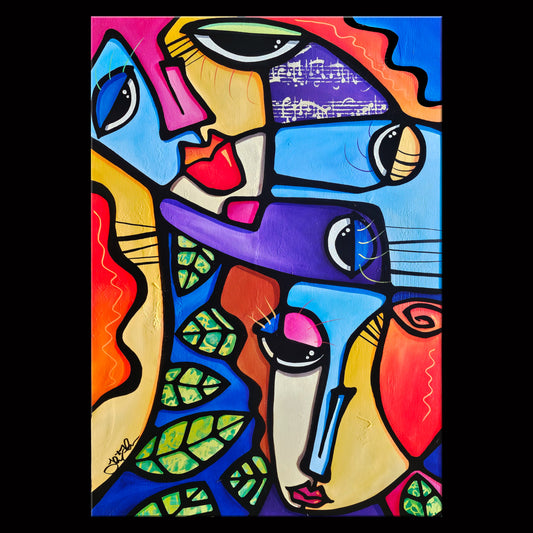 Abstract art original colorful cubist collage painting - Family Time