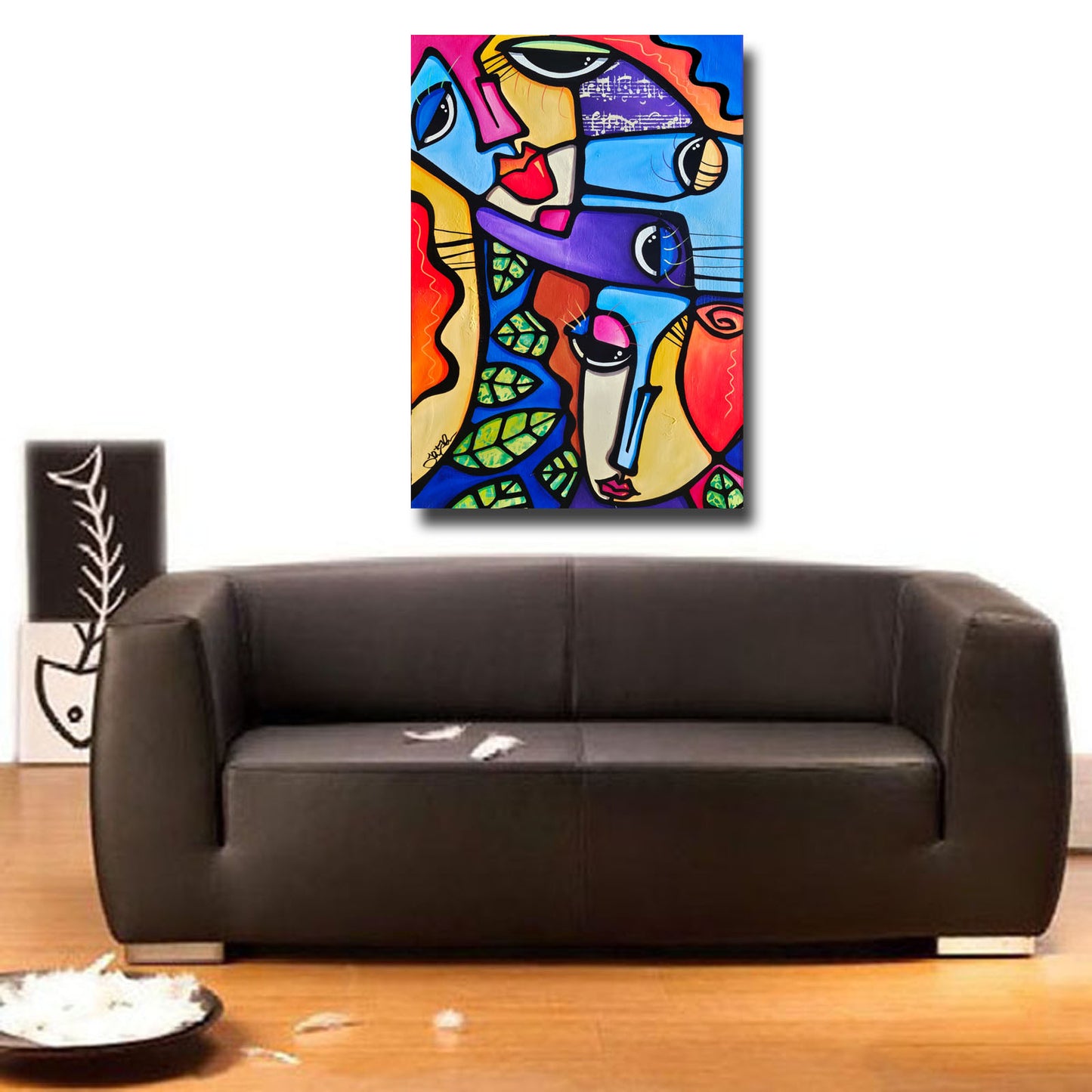 Abstract art original colorful cubist collage painting - Family Time