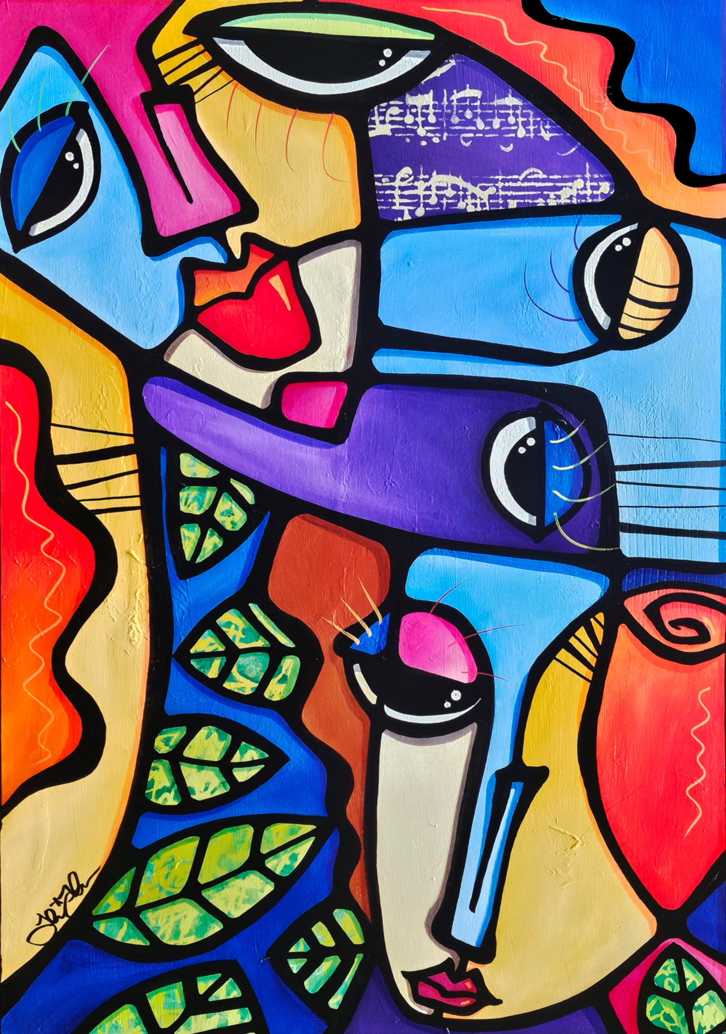 Abstract art original colorful cubist collage painting - Family Time