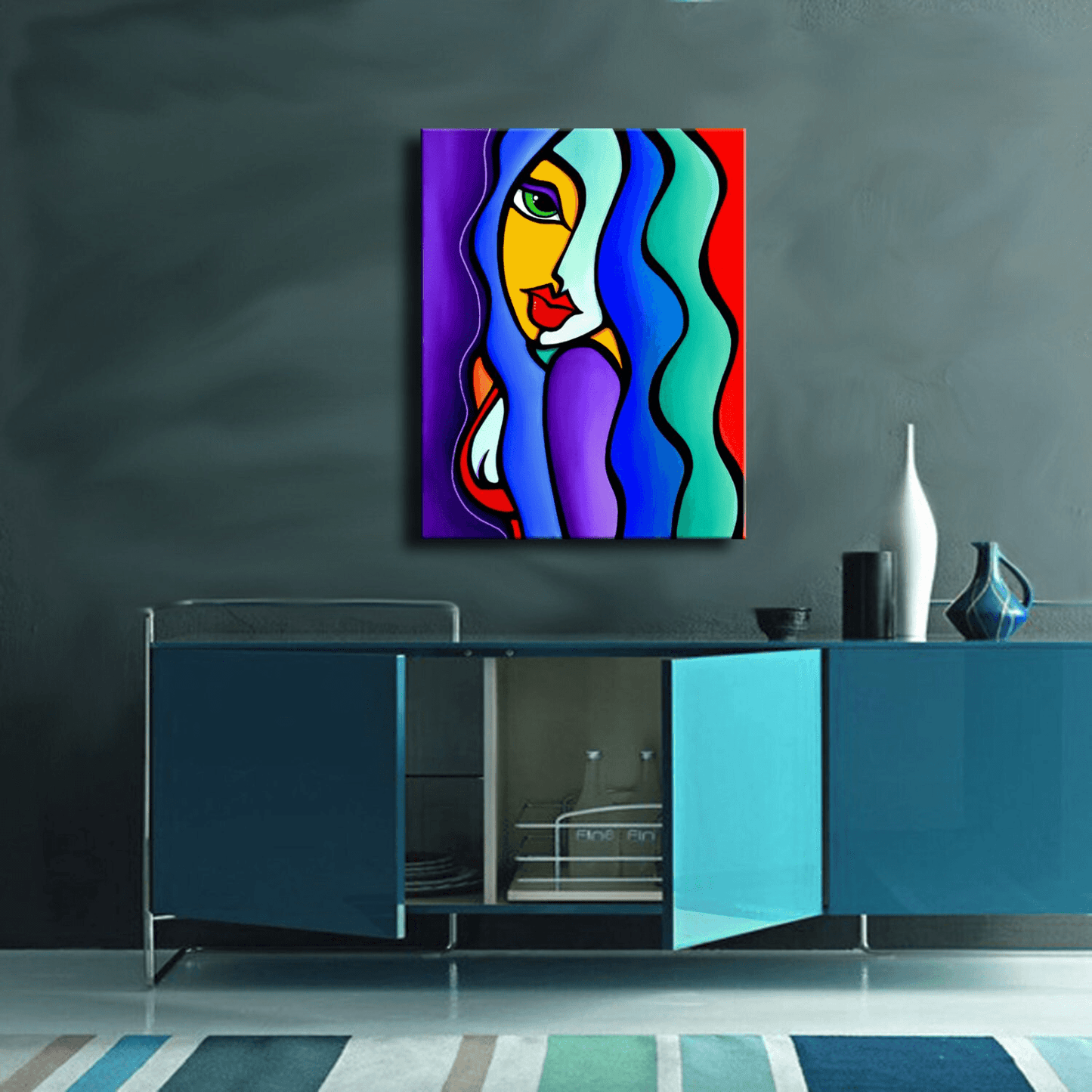 Abstract painting pop Art modern colorful purple blue portrait - Mrs Brightside - Thomasfedro