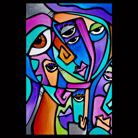 Abstract art original colorful cubist collage painting - Happy Dance