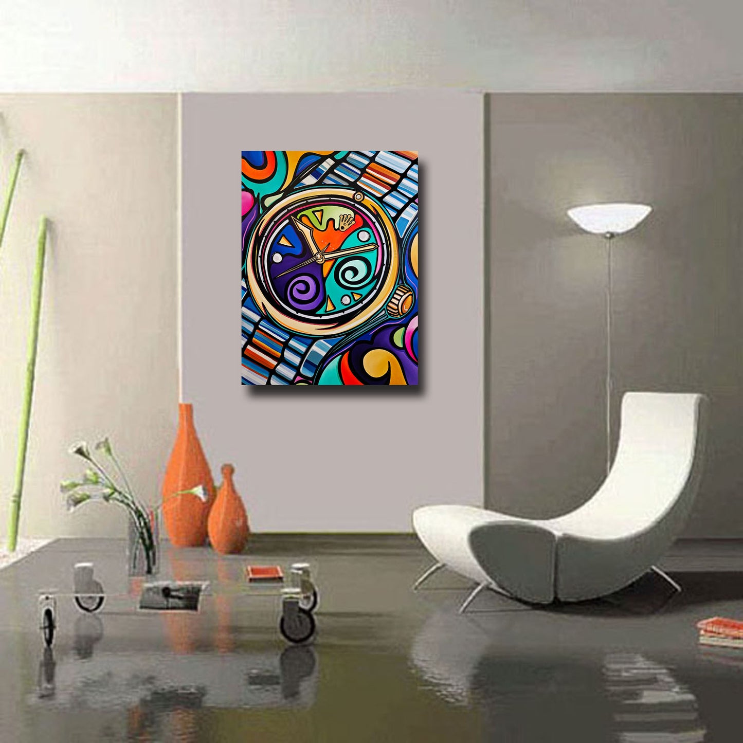 Abstract art original colorful cubist collage watch painting - Swiss Made