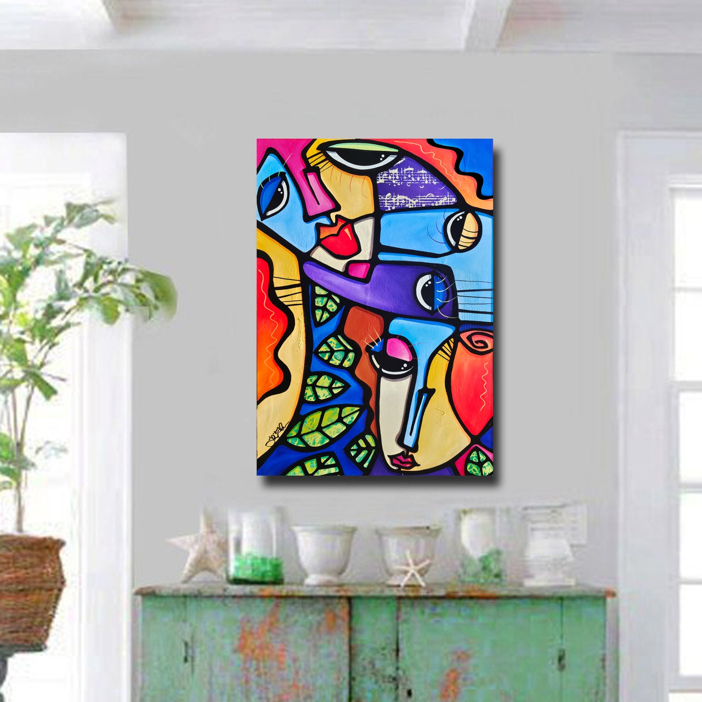Abstract art original colorful cubist collage painting - Family Time