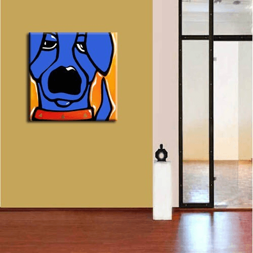 Abstract art original painting Modern pop colorful portrait face blue dog - Curious - Thomasfedro